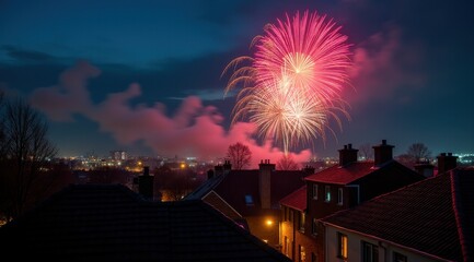 Vibrant red fireworks lighting up a night city skyline during new year celebrations