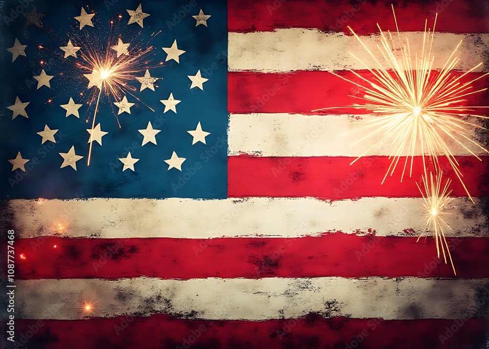 Poster Grunge style American flag background with empty copy space and fireworks for various US holidays including the 4th of July and Independence Day.