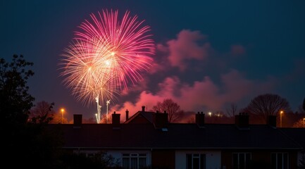 Vibrant red fireworks lighting up a night city skyline during new year celebrations