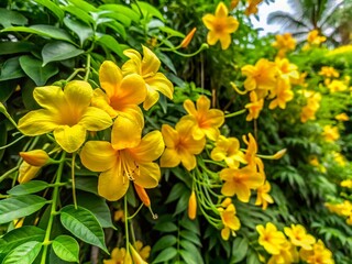 Obraz premium Vibrant Panoramic View of Yellow Flowers with Green Leaves, Showcasing Cats Claw Vine Plants in a Lush Natural Setting for Nature Lovers and Garden Enthusiasts