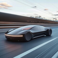 Obraz premium Sleek black electric concept car speeding on a highway at sunset.