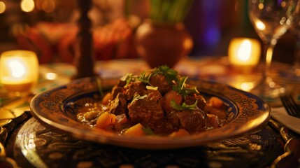 A mouthwatering plate of Moroccan tagine, tender lamb stewed with apricots