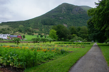 Scenic local park and garden at a historic Manor Home in Norwegian Fjord Valley.