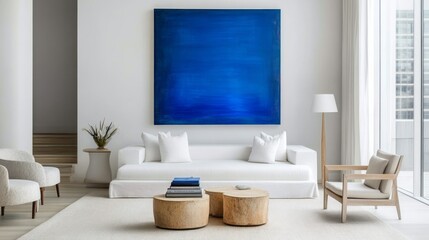 Modern Minimalist Living Room With Blue Artwork