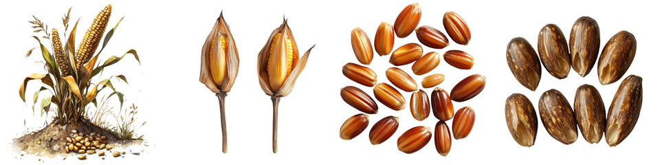 Obraz premium Corn Seeds – The Small Seeds Used to Plant Corn Crops, Essential for Cultivation Isolated on Clear White Background Highly Detailed 