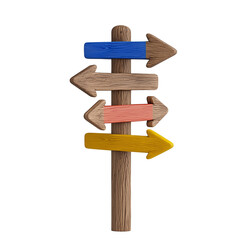 Colorful wooden directional signpost with arrows on transparent background