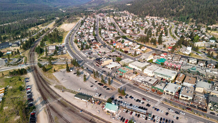 Aerial view of Jasper Town on a sunny summer day. Streets and homes, Alberta - Canada