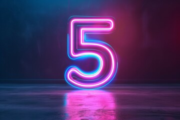 3d neon light number 5 glowing in the dark with pink and blue colors