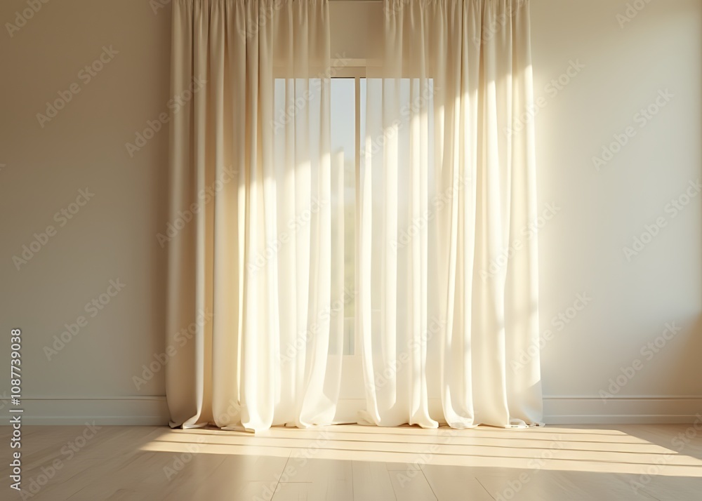Aufkleber Light filters through sheer curtains, casting subtle shadows on a textured wall in an empty room with a neutral tone background.