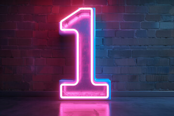 3d neon light number 1 glowing in the dark with pink and blue colors