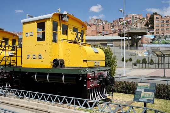 Yellow FCG English Electric Locomotive in La Paz City Centre close to the Old Railway Station. La Paz, Bolivia, October 10, 2023. 