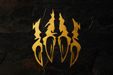 Gold scratch symbol of a big predator on a black rusted abstract background.