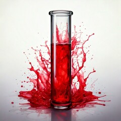 test tube with red fluid infront of fluid splash and a white background