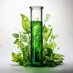 test tube with green fluid infront of green plants and a white background