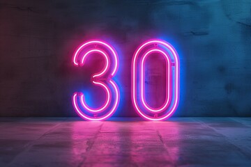 3d neon light number 30 glowing in the dark with pink and blue colors