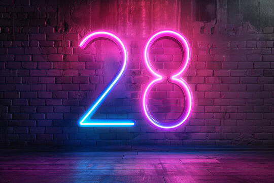 3d neon light number 28 glowing in the dark with pink and blue colors