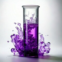 test tube with purple fluid infront of fluid splash and a white background