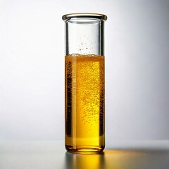 test tube with yellow sparkling fluid infront of a white background