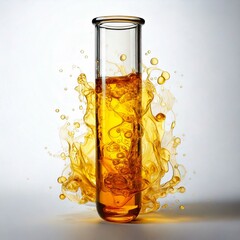 test tube with yellow fluid infront of fluid splash and a white background
