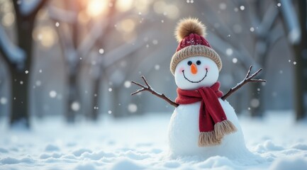 Obraz premium Cheerful snowman wearing a red hat and scarf standing in a snowy winter forest