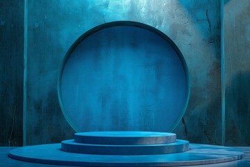 Beautiful blue background with an empty podium or pedestal for product placement with dramatic light