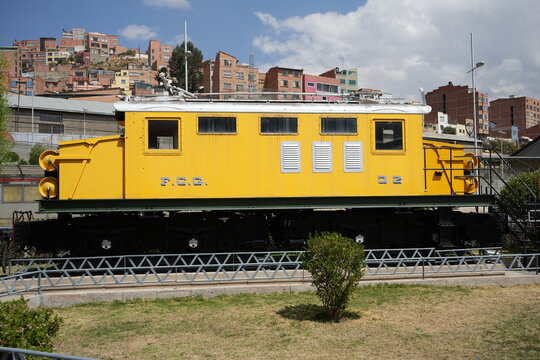 Yellow FCG English Electric Locomotive in La Paz City Centre close to the Old Railway Station. La Paz, Bolivia, October 10, 2023. 