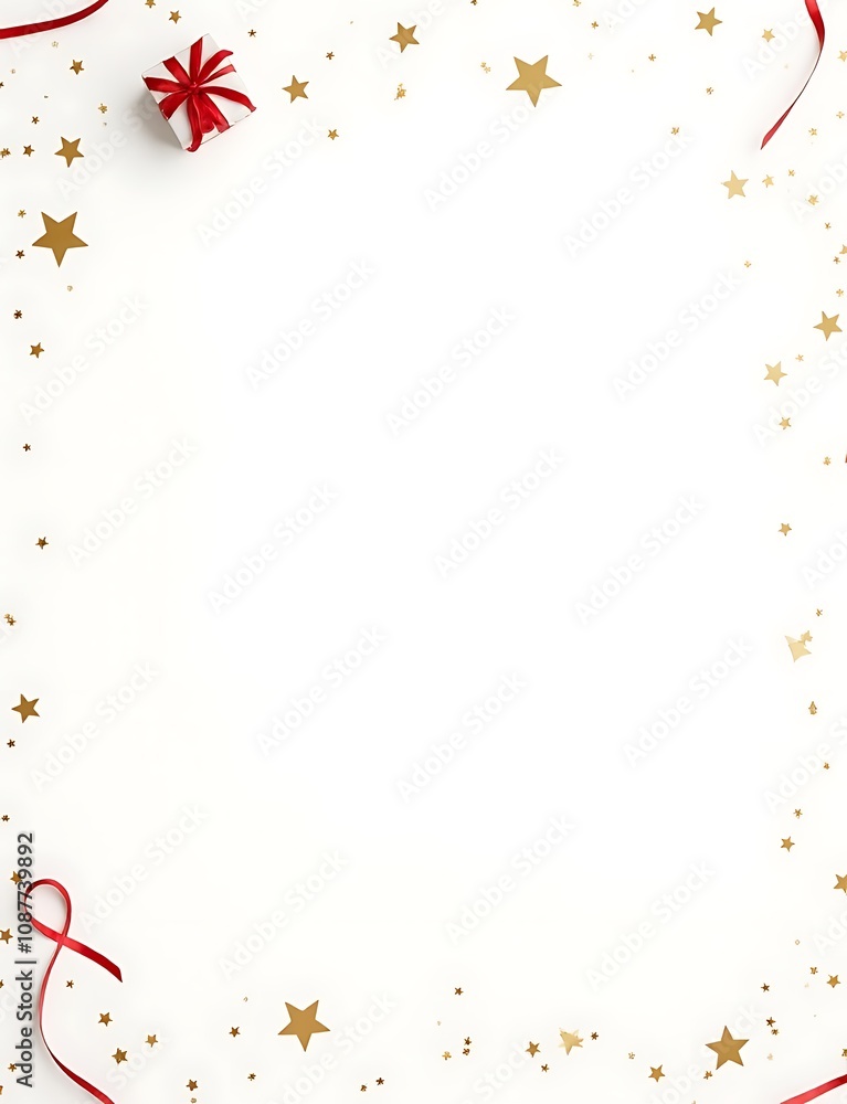 Poster minimalist gift wrap design featuring a white background with red and gold ribbons, stars, and confe