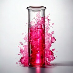 test tube with pink fluid infront of fluid splash and a white background