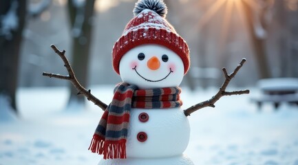 A cheerful snowman with a scarf and hat, surrounded by a snowy landscape in a winter park