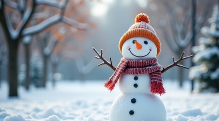 A cheerful snowman with a scarf and hat, surrounded by a snowy landscape in a winter park