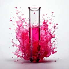 test tube with pink fluid infront of fluid splash and a white background