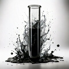 test tube with black fluid infront of fluid splash and a white background