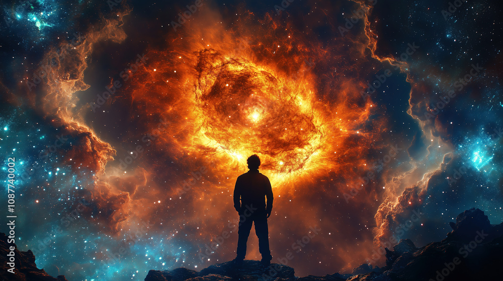 Poster a silhouette stands on rocky terrain gazing at a vibrant cosmic explosion of colors in the expansive