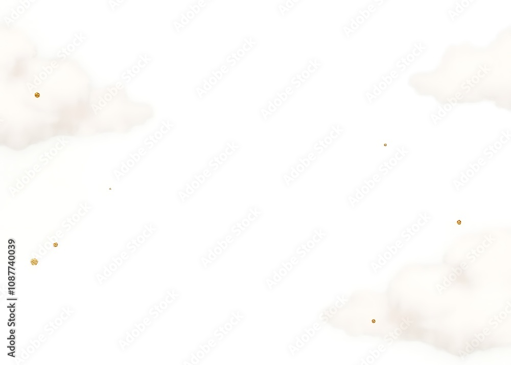 Poster mple, minimalist design features an abstract white background with watercolor clouds and tiny glitter particles on a plain, empty space for copy.