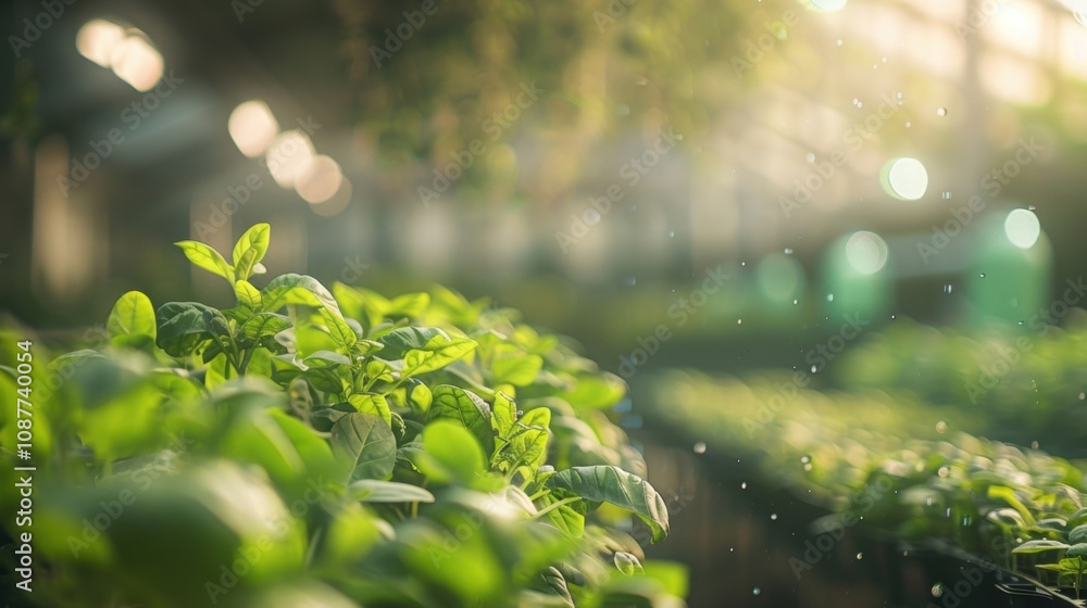 Poster hazy scene of a hidden aquaponics farm utilizing technology to create an optimized growing environme