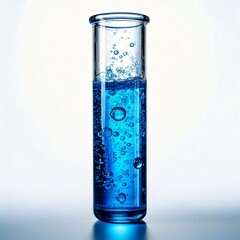 test tube with blue sparkling fluid infront of a white background