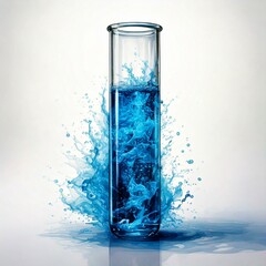 test tube with blue fluid infront of fluid splash and a white background
