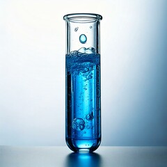 test tube with blue sparkling fluid infront of a white background