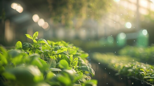 Hazy scene of a hidden aquaponics farm utilizing technology to create an optimized growing environment.