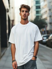 Young Caucasian man wearing a white t-shirt outdoors in an urban setting. White t-shirt mockup
