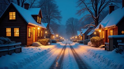 Fototapeta premium A picturesque village street adorned with glowing holiday lights and snow-covered rooftops, creating a festive atmosphere