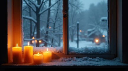 Lit candles on a snowy windowsill with frost and a cozy glow during a winter evening