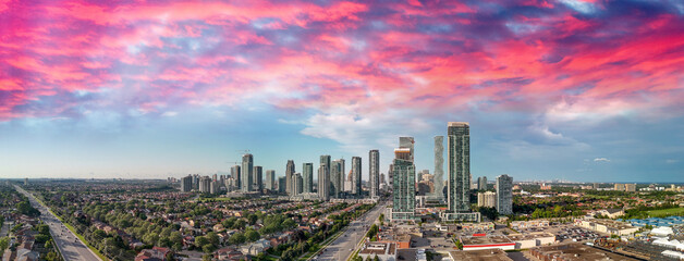 Aerial panoramic view of Chicago skyline from Millennium Park on a sunny summer day