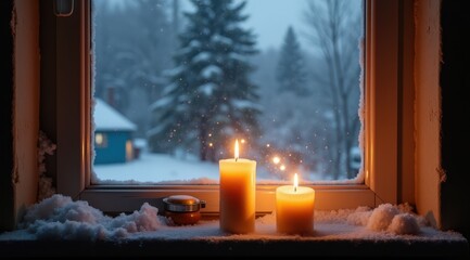Lit candles on a snowy windowsill with frost and a cozy glow during a winter evening