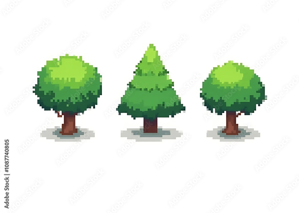 Aufkleber Pixel trees set against a white background for use in video games and mobile apps as pixel art icons and graphics.