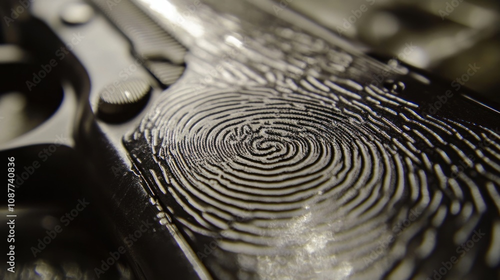 Poster close-up of a textured surface resembling fingerprints on a firearm.