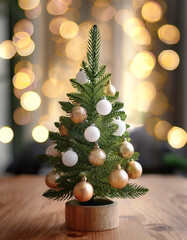 Small Christmas tree on a wooden table with minimalist decorations in the form of gold and white ornaments