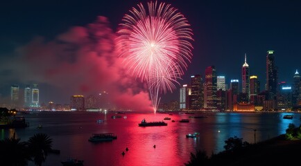 Vibrant red fireworks lighting up a night city skyline during new year celebrations