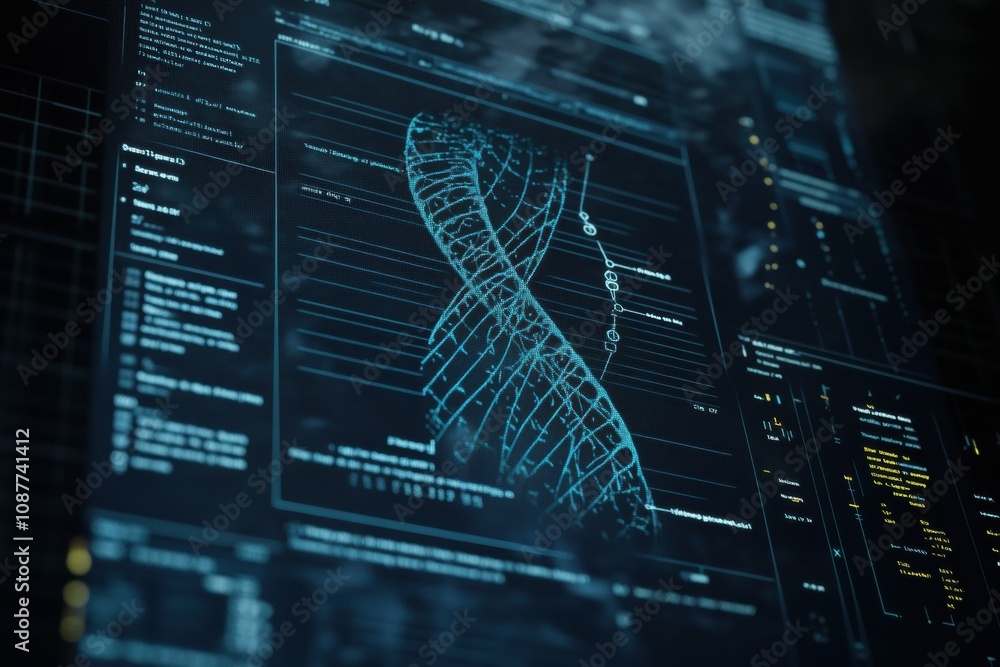 Poster a digital interface presents a comprehensive patient dossier with medical history, dna information, 
