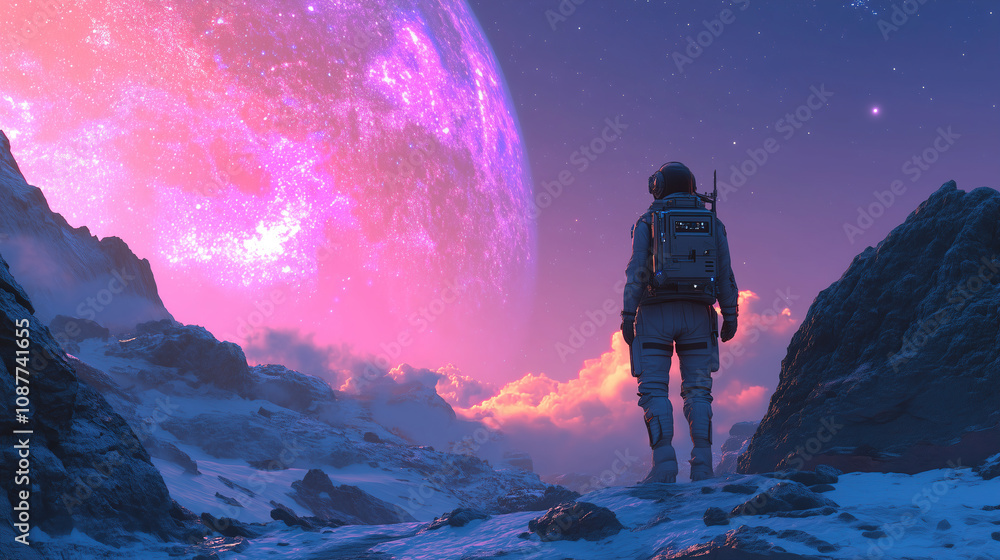 Poster astronaut exploring a surreal alien landscape under a vibrant purple sky with a massive planet and d